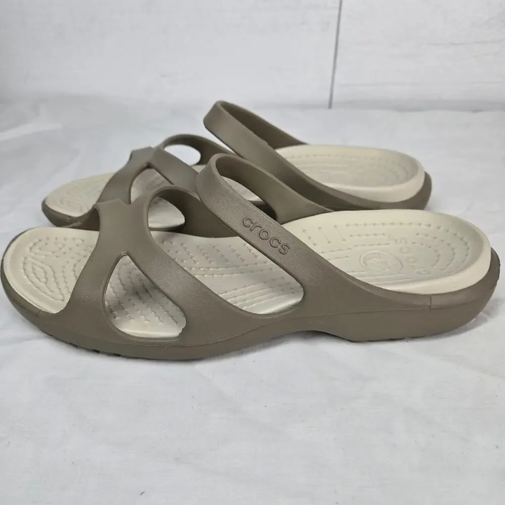 Crocs Meleen Sandals Womens Size 8 Khaki Tan Slide Strappy Comfort Shoes
